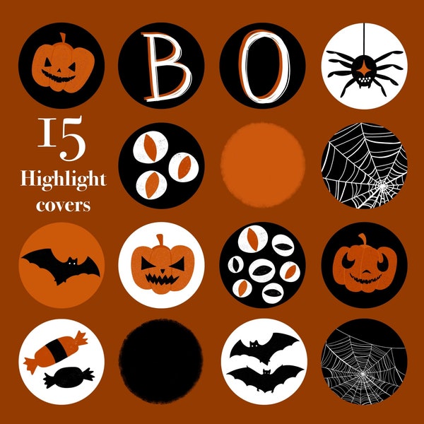 Halloween Instagram story highlight icons Fall, 15 stories covers, Pumpkin, Black and orange circles, Happy Halloween Highlights Influencers