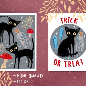 Conjunto de cartões de Halloween para impressão, gato preto mágico, cristal de bruxa, floresta de cogumelos, doces ou travessuras, pacote de cartões de outono, feliz Halloween