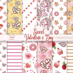 Papier numérique de la Saint-Valentin, Patrons de boutique sucrée, Impression scrapbooking, Mariage d’amour, Fleurs Baies Cupcakes Art Prints, Pack de fiançailles