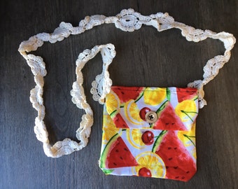 Cute Fruit Patterned Pouch Purse with Crocheted Strap