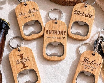 Porte-clés ouvre-bouteille en bois personnalisé | Cadeau de garçon d'honneur personnalisé gravé, porte-clés, ouvre-bière, cadeau de mariage, cadeau d'anniversaire pour papa
