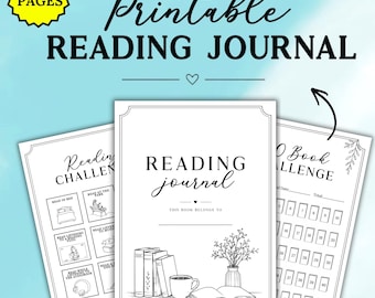 May include: A printable reading journal with 50+ pages featuring a central cover page with a book and vase illustration, flanked by a reading challenge page and a 50 book challenge page with numbered boxes, all in black and white on a blue background.