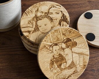Dessous de verre photo personnalisé | Ensemble de sous-verres en bois personnalisés | Décoration d'intérieur | Cadeau de mariage ou d'anniversaire de pendaison de crémaillère d'anniversaire