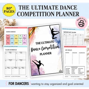 May include: A digital dance competition planner with 80+ pages, featuring a cover with watercolour accents and silhouettes of dancers. Includes internal pages for dance bingo, class schedules, important dates, and goal tracking for dancers.