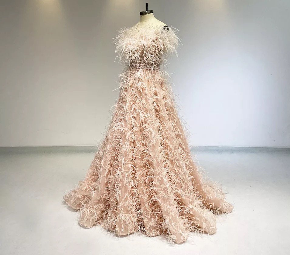 Haute Couture Pink Ostrich Feather Wedding Dress Wedding Etsy