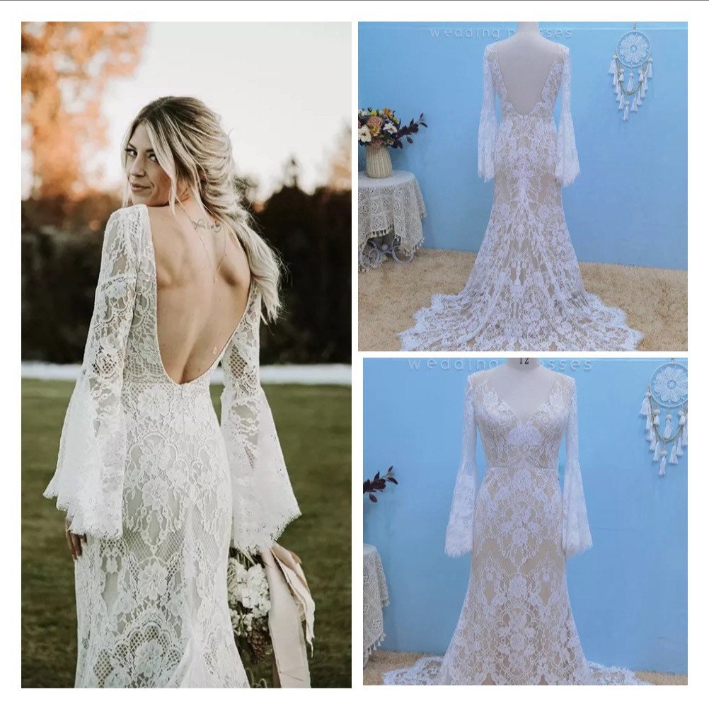 Boho Wedding Dress Long Sleeves Boho Wedding Dress Lace | Etsy