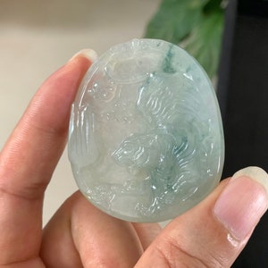 Icy Jadeite Jade Tiger Pendant: Burmese Gemstone Necklace