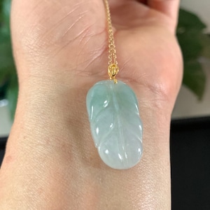 18k Gold Burma Jade Leaf Pendant Necklace: Natural Gemstone Sterling Silver Chain