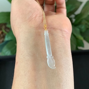 18k Gold Jadeite Jade Brush Pendant Necklace: Burmese Gems, Sterling Silver Chain