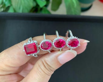 925 Sterling Silver Ruby Zirconia Oval Gemstone Mum Wedding Couples Jewelry Rings Gift