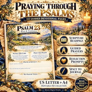 Könnte beinhalten: Eine druckbare PDF-Sammlung mit dem Titel Praying Through The Psalms mit 14 geführten Andachtsseiten. Das Dokument enthält Psalm 23, eine Landschaftsillustration mit einem Hirten und Schafen, Schriftlesungen, geführte Gebete, Reflexionsfragen und Platz zum Journaling. Enthält US Letter- und A4-Formate.