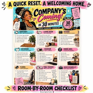 May include: A digital cleaning checklist titled Company's Coming in 30 Minutes featuring a woman in a leopard print apron, an alarm clock, and room-by-room tasks for the entryway, living room, kitchen, bathroom, bedroom, dining area, and floors.