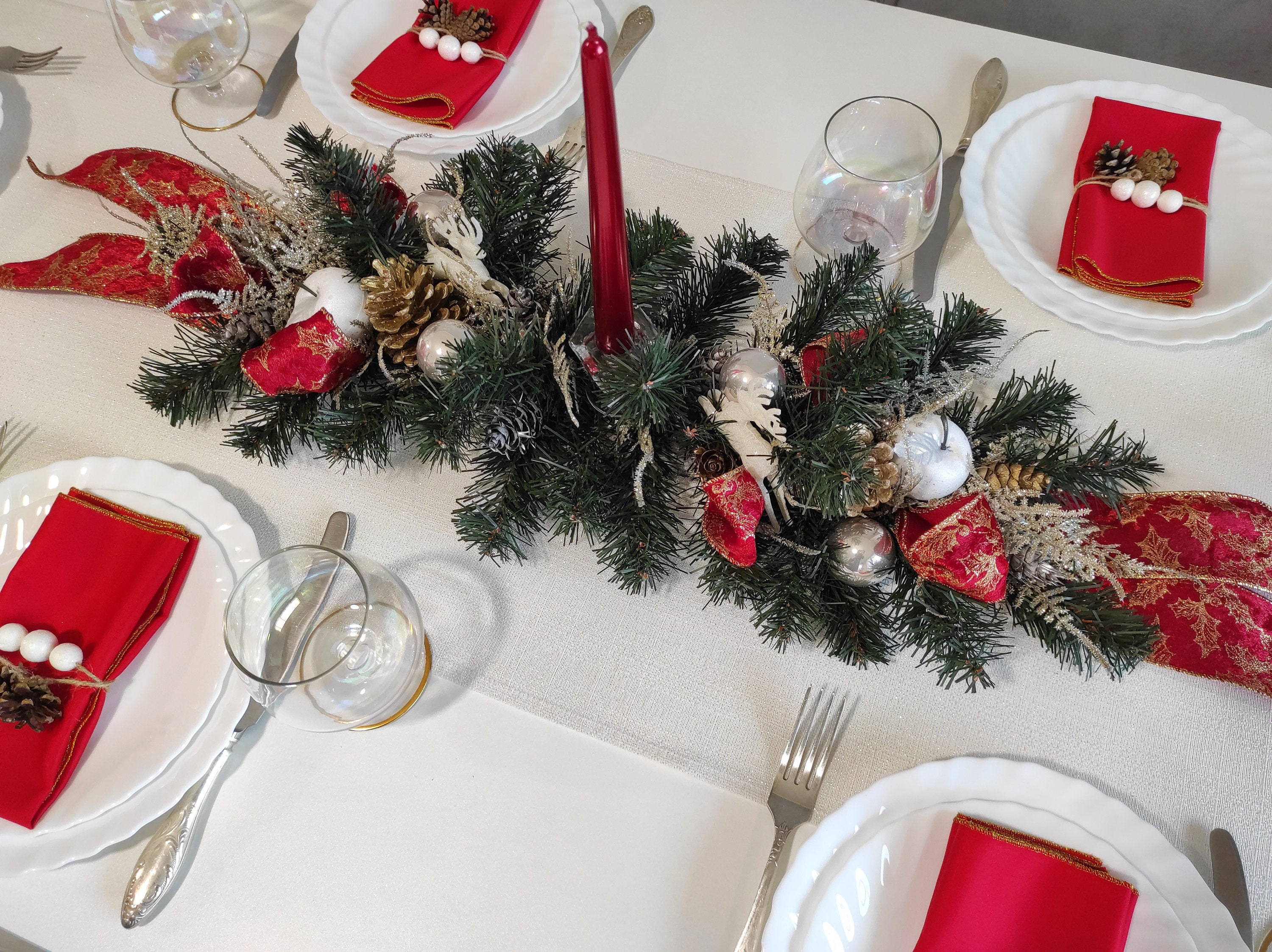 Long Candle Centerpiece, Christmas Centerpiece Arrangement, Winter