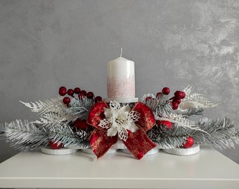 Christmas Table Centerpiece Arrangement, Winter Centerpiece for Dining Table, White Candle Centerpiece, Coffee Table Centerpiece