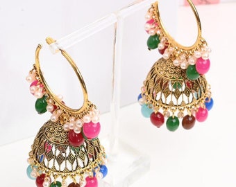 Large Gold Jhumka Hoops, Big multicolour Hoop Earrings, Bridal Mehndi Sangeet Earrings, Antique Bali Earring, Desi Indian jhumki earrings