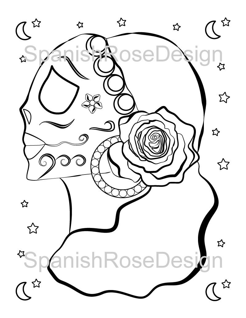 Skull Roses Coloring Page Day of Dead Sugar Skull Gypsy - Etsy