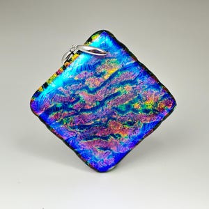 Blue firework tiger pattern fused glass jewelry colorful orange ripple pattern pendant statement huge color change dichroic silver necklace
