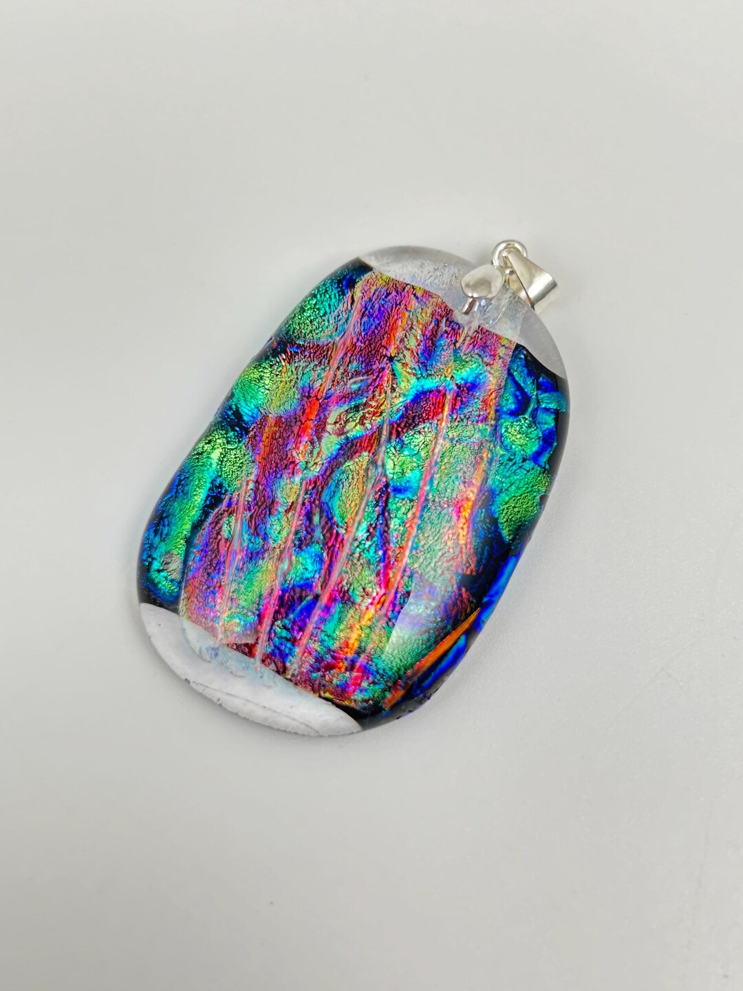 Oval Ripple Oval Pink Yellow Glitter Ripple Dichroic Fused Glass Jewelry Shimmering ...
