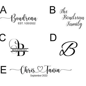 May include: Five different design options for a personalized monogram with the last name "Boudreau". Options include a script font with the established date, a script font with the word "Family", a monogram with the last name in a banner, a script font monogram, and a script font with two names and a heart.