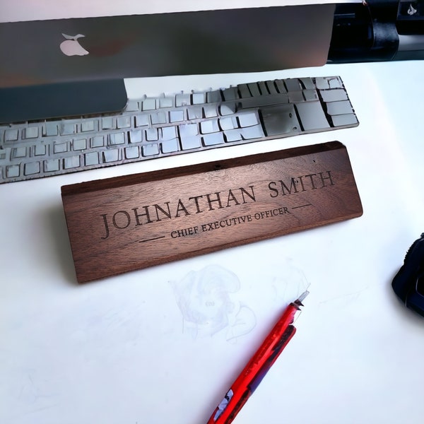 Personalized Wood Desk Name Plate - Custom Name Sign -  Engraved Card Holder - Desk Wedge