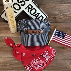 PERSONALIZED Train Hat and Bandanna, train conductor hat, Train Costume, Toddler Train Hat, Train Birthday, Train Engineer Costume Train Set
