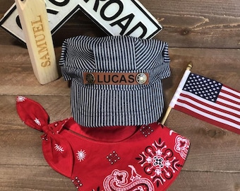 PERSONALIZED Train Hat and Bandanna, train birthday, Train Costume, Toddler Train Hat, Train Birthday, Train Engineer Costume, Train Set