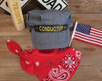 PERSONALIZED Train Hat and Bandanna, train birthday, Train Costume, Toddler Train Hat, Train Birthday, Train Engineer Costume, Train Set