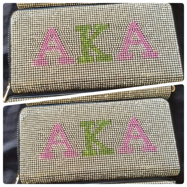 Akalpha HBCU  Bling Pink and Green Bling Sorority Billfold Wallet Clutch Wallet for mom