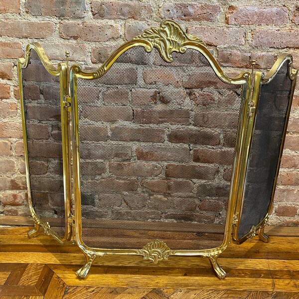 Vintage 3-Panel Folding Fireplace Screen Rococo Brass w/ Mesh