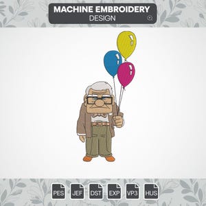 May include: Machine embroidery design of an older man with glasses holding three balloons. The balloons are yellow, blue, and pink.