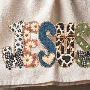 Jesus Embroidery Design, Floral Cow Print Patchwork Christian Lettering with Cute Gingham Bows, Machine Embroidery File Digital Download