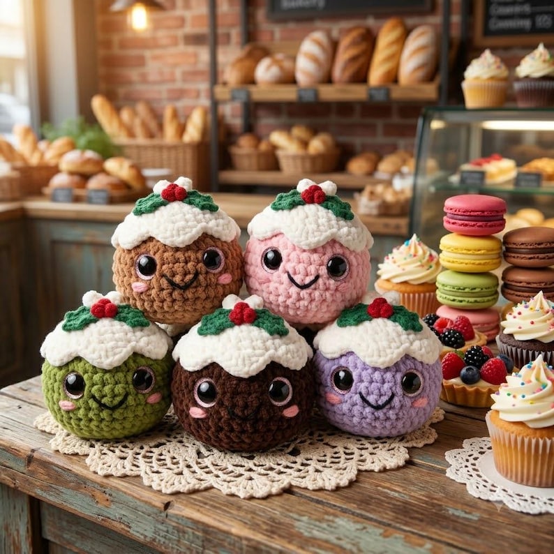 May include: Five round, crocheted plush toys shaped like Christmas puddings in brown, pink, green, dark brown, and purple. Each features a white crocheted topping, green leaves, and red berries, with large black eyes and a stitched smiling mouth.