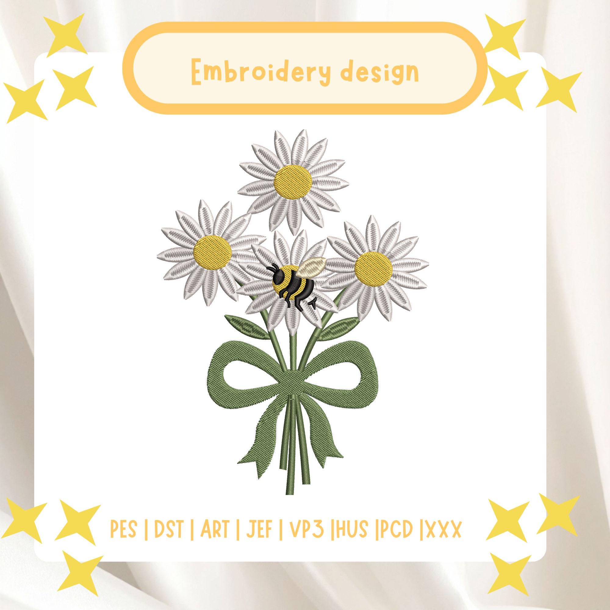 Daisy Bouquet With Bumble Bee Machine Embroidery Design, Flower Cluster ...