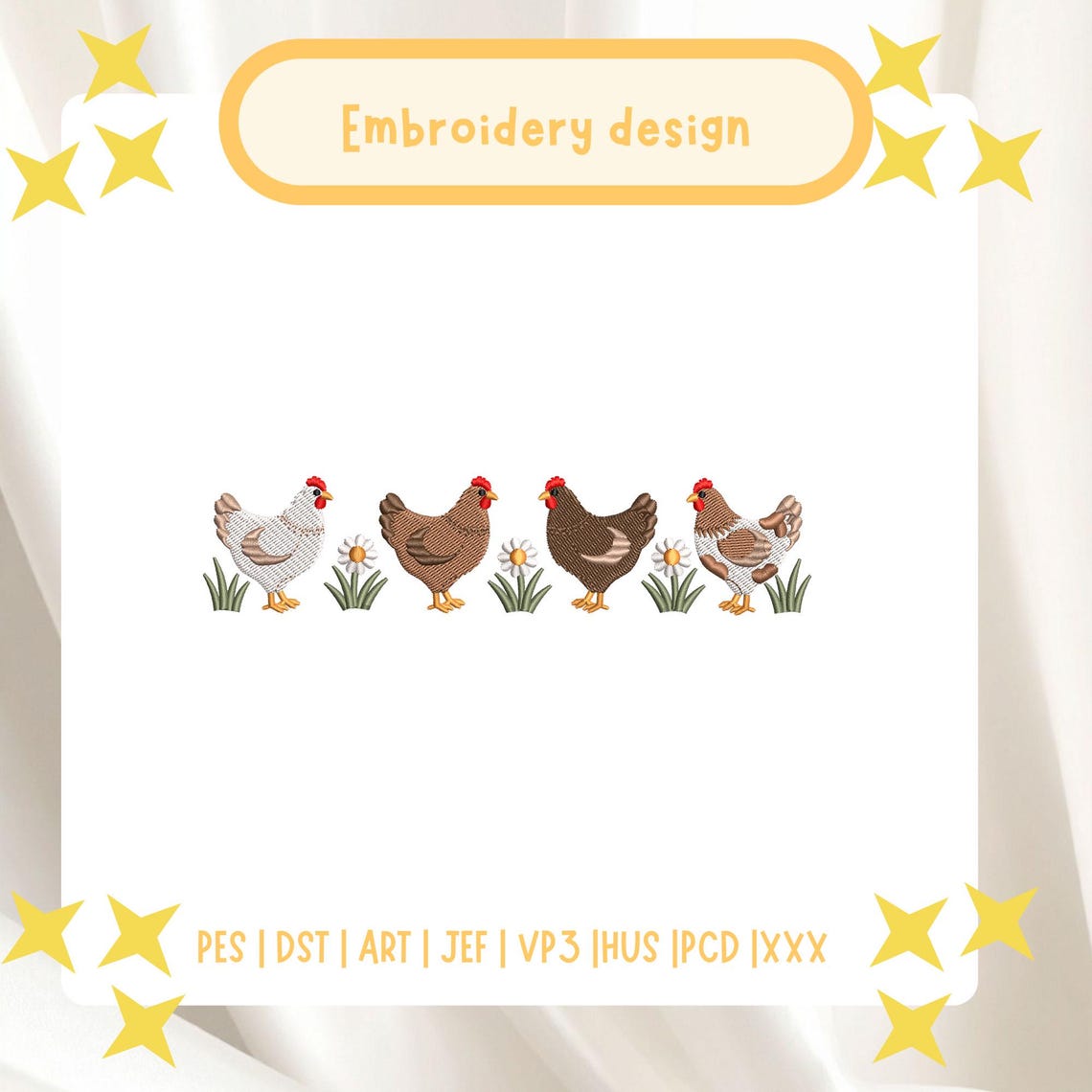 Chicken Border Machine Embroidery Design, Farmhouse Hens With Daisies ...