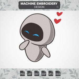 Puede incluir: Diseño de bordado a máquina de un robot gris con ojos azules, sonriendo y sonrojado, con tres corazones rojos encima. El diseño está disponible en los formatos PES, JEF, DST, EXP, VP3 y HUS.