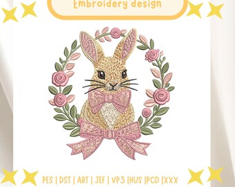 Floral Bunny Wreath Embroidery Design, Rabbit with Pink Bow Machine Embroidery File, Flower Frame Embroidery, Whimsical Spring Design