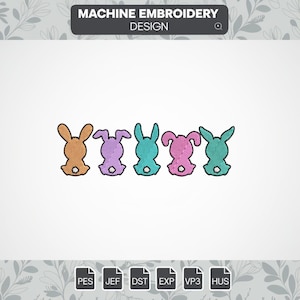 May include: Five embroidered bunny silhouettes in a row. The bunnies are facing left, and are in the colors orange, purple, teal, pink, and teal.