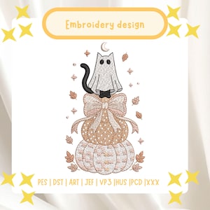 May include: An embroidery design featuring a black cat wearing a white ghost sheet, sitting atop two stacked pumpkins with a large bow. The design includes falling autumn leaves, stars, and a crescent moon, with the text Embroidery design and file formats PES, DST, ART, JEF, VP3, HUS, PCD, XXX.