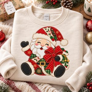 May include: A cream-colored crewneck sweatshirt featuring a large embroidered graphic of Santa Claus. Santa wears a red and green patterned hat and suit with a large red bow. The sweatshirt has a Gildan brand tag inside the collar labeled size M.
