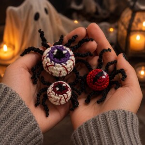 Crochet spider set, eyeball halloween amigurumi decor, red white purple creepy mini plush bundle, spooky shelf gift, handmade oddity gift