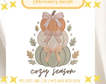 cozy season pumpkin embroidery design, stacked pastel orange cream sage pumpkins with bows, leaves and stars, machine file, instant download