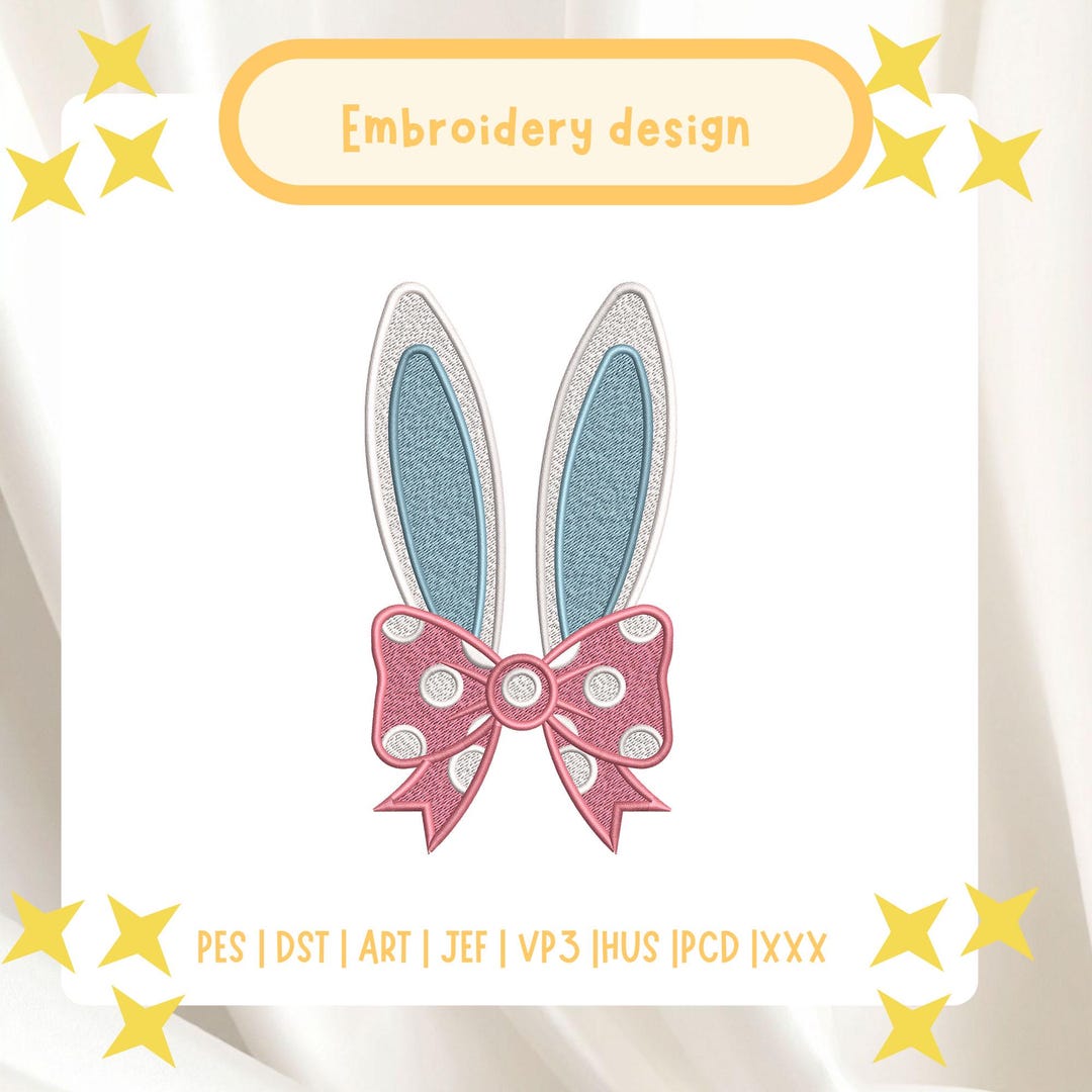 Bunny Ears With Pink Polka Dot Bow Embroidery Design, Easter Bunny Ears ...