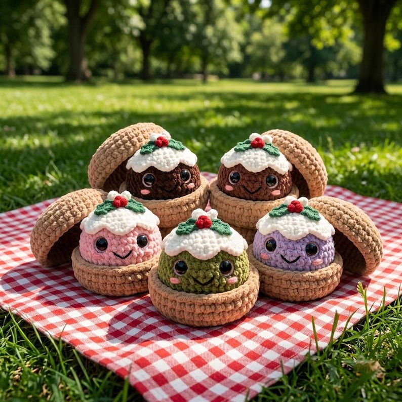 May include: Five crocheted plush toys shaped like small puddings, each nestled in a tan acorn-like shell. The puddings are brown, pink, green, purple, and dark brown, topped with white frosting, green leaves, and a small red berry, with black eyes.