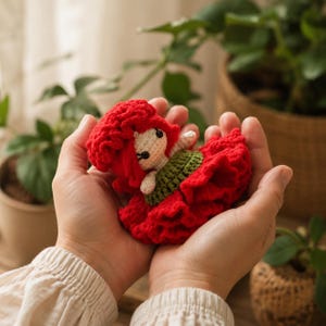 May include: A small, handmade crochet doll featuring bright red yarn hair and a matching ruffled red skirt. The doll has a cream-colored face with black embroidered eyes and a green crocheted bodice. The figure is crafted with intricate yarn textures.