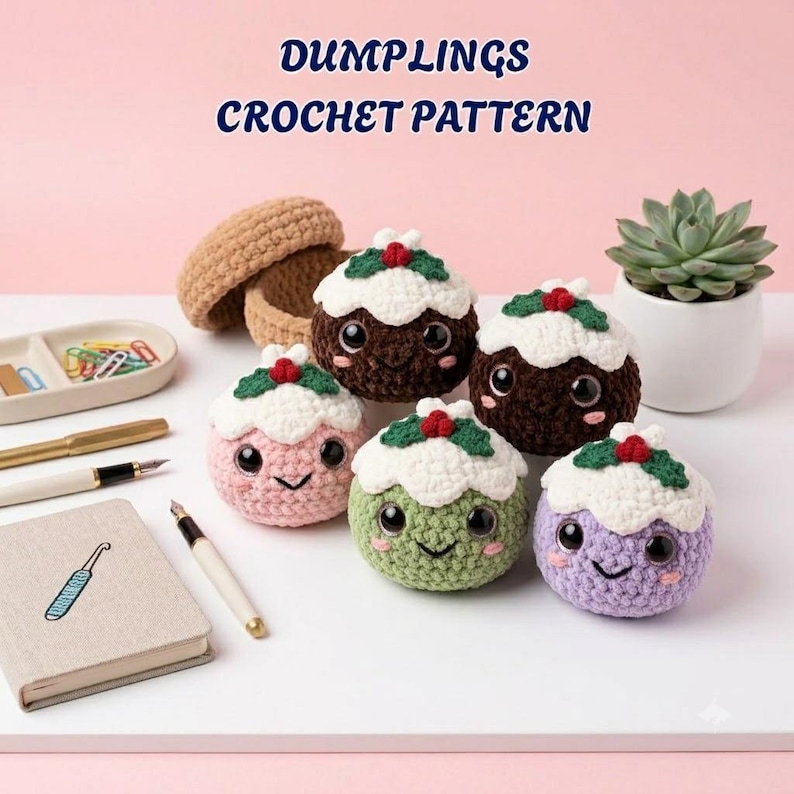 May include: Five round crocheted plushies with white tops, green leaves, and red berries, resembling holiday puddings. They have large black eyes and embroidered smiles. The text DUMPLINGS CROCHET PATTERN appears above. A notebook, pens, and a succulent are nearby.