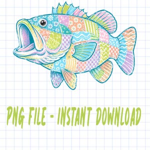 May include: A colorful illustration of a fish with an open mouth, featuring a patchwork design in pastel colors. The fish has a detailed, textured appearance with various patterns. Text at the bottom reads "PNG FILE - INSTANT DOWNLOAD".