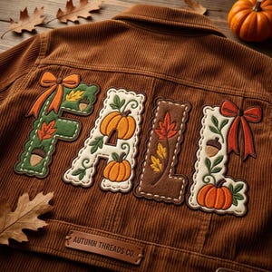 May include: A brown corduroy jacket featuring embroidered patches that spell out the word FALL. The letters are decorated with pumpkins, acorns, leaves, and orange bows. A rectangular leather label at the bottom reads AUTUMN THREADS CO.