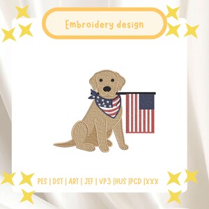 Yellow Lab with American Flag Machine Embroidery Design, Labrador with Patriotic Bandana, Dog with USA Flag Pattern, Digital Download File