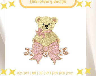 Teddy bear embroidery design, Bear with pink bow machine embroidery file, nursery teddy bear floral embroidery design digital download