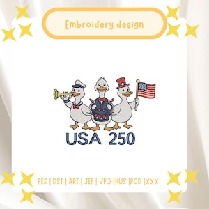 Breites Enten-Trio, Maschinenstickerei, USA 250 Enten mit Flagge, Trompete, Trommel, 250 Enten, Amerikanische Enten, 250 Enten, Digital Download